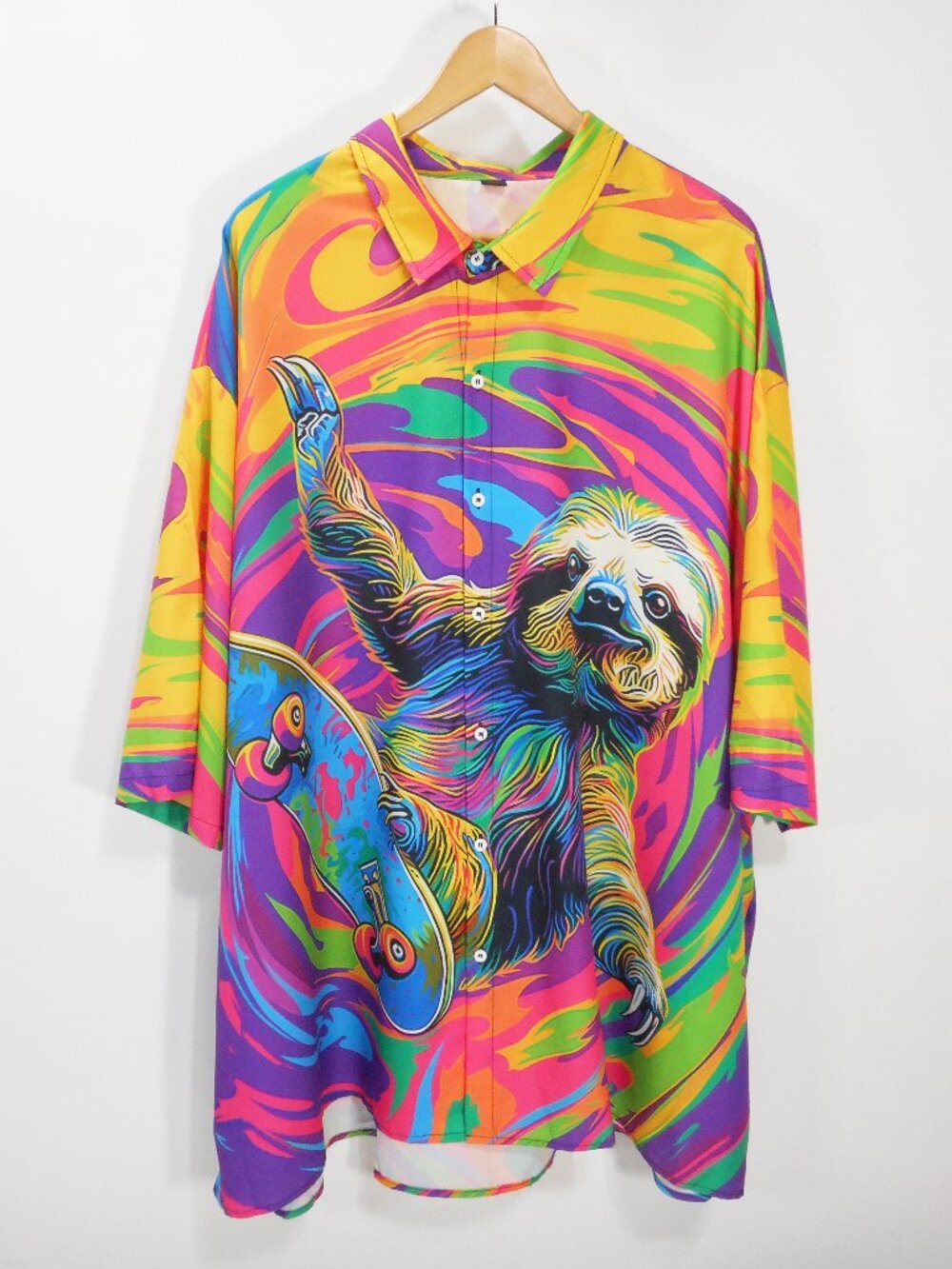 Colorful Button-up Shirt Men's size 6XL Sloth on Skateboard Brendel Software